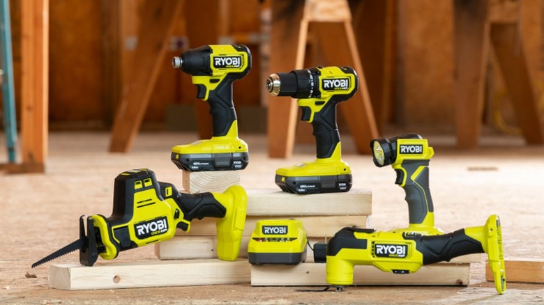 several Ryobi power tools on a jobsite 