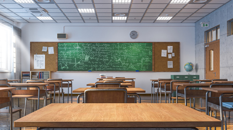 classroom desks and chalkboard