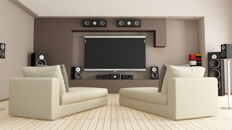 A home theater setup with a surround sound system