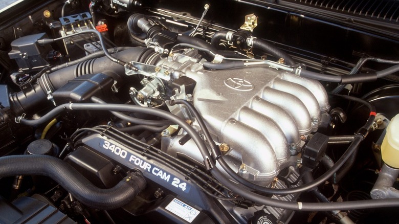 Toyota 5VZ-FE 3.4-liter V6 engine installed in a 2002 Tacoma, showing the aluminum intake manifold.