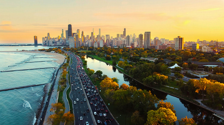 Traffic against Chicago skyline