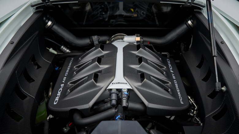 Engine bay of a Ford GT showing the 3.5-liter EcoBoost V6