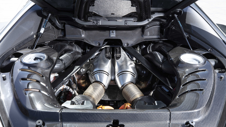 Engine bay of a Ferrari 296 GTB
