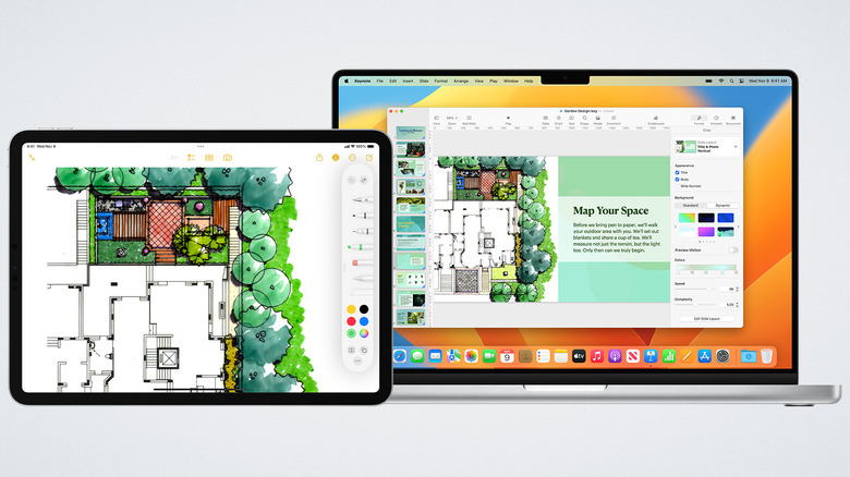An iPad and a Mac using universal control, white background