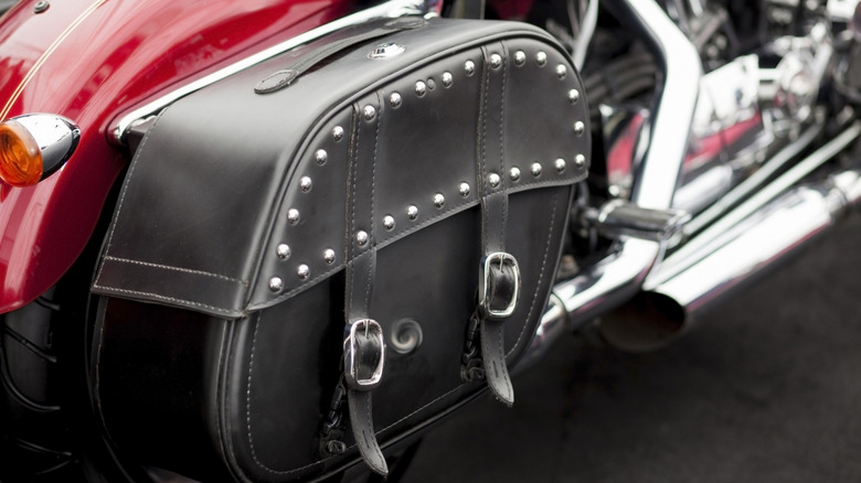 Leather saddlebag on motorcycle