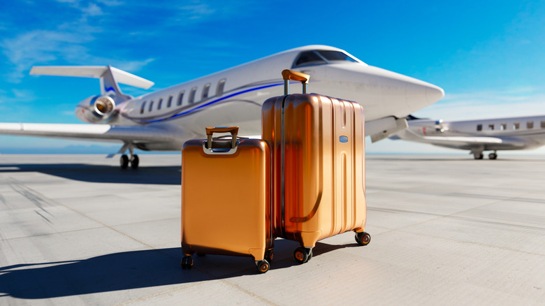 A private jet with a couple of luggage bags in front