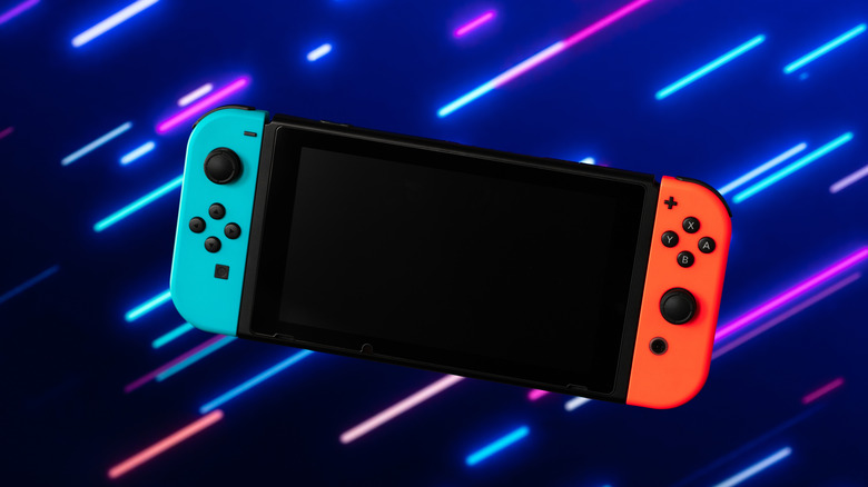 Nintendo Switch in front of 80s style background