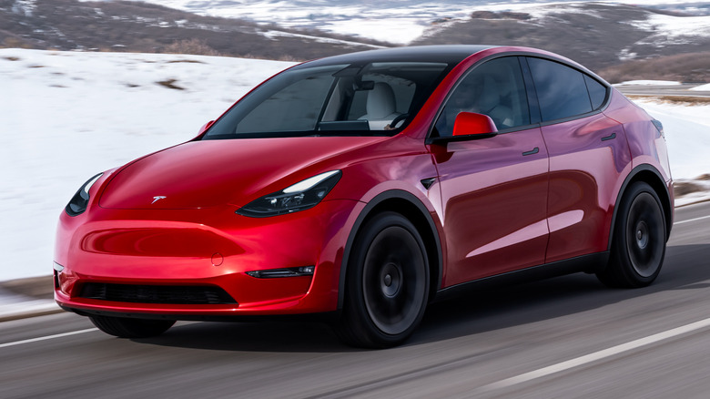 Tesla Model Y on snowy road