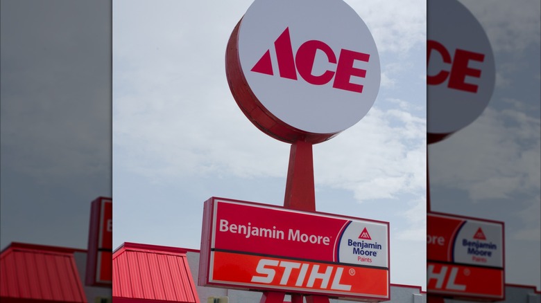 A sign for Ace Hardware with Stihl brand advertised below