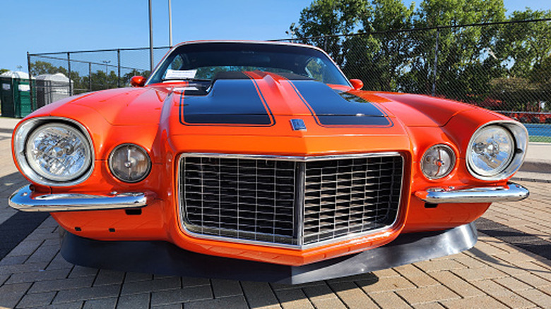 Nose of an orange 1970s Chevrolet Camaro