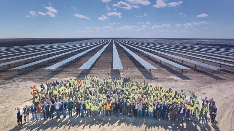 the avantus team lines up in front of a solar farm for a photo