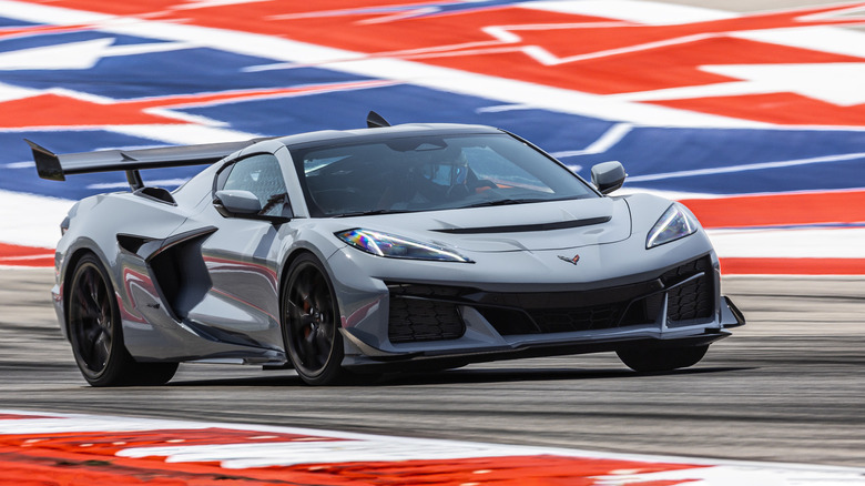 Grey 2025 Corvette ZR1 on curve at Circuit of the Americas outside Austin, TX