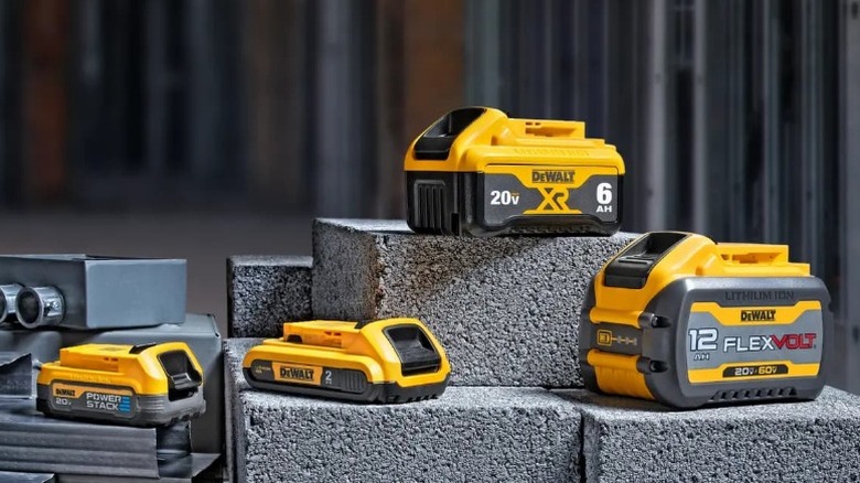DeWalt batteries on cinderblocks