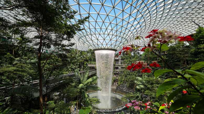 Wide view of the indoor waterfall at Changi Airport.