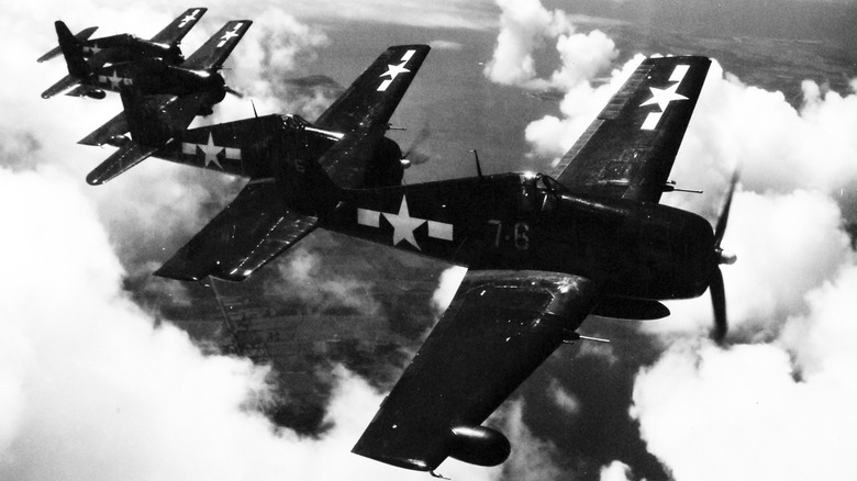 Four Grumman F6F Hellcats on patrol in formation