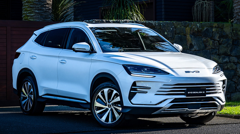 Front 3/4 view of white BYD Sealion 6 with stone wall and palm trees