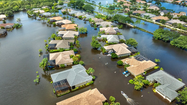 Aerial view of flooding over a town in America.