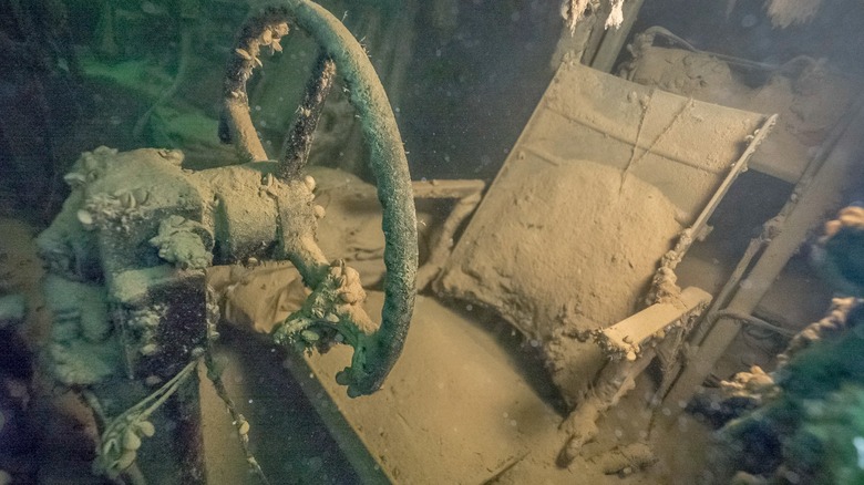 The cockpit of a submerged B-29 Superfortress in Lake Mead