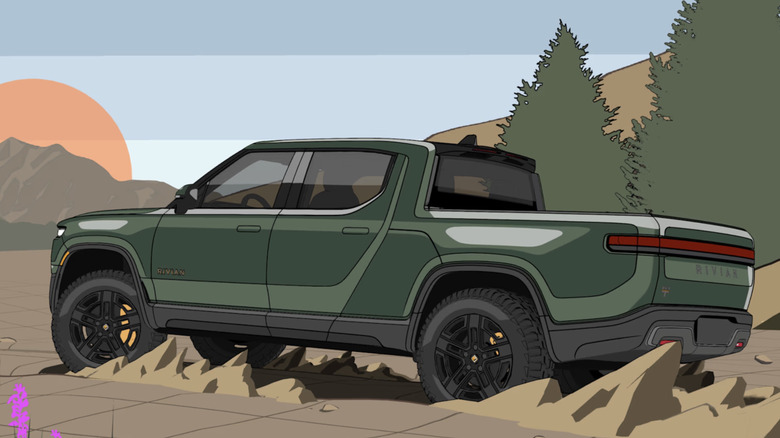 Animated image showing a Rivian pickup truck parked in the mountains