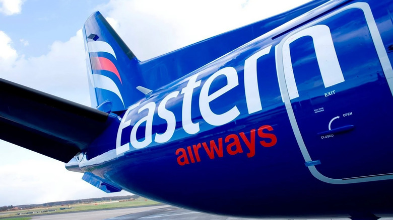 a tail of an Eastern Airways plane is seen here