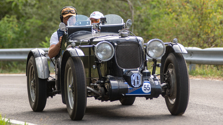Front 3/4 view of 1933 MG L1 Magna engaged in a competition during the Gran Premio Nuvolari 2023 in Italy