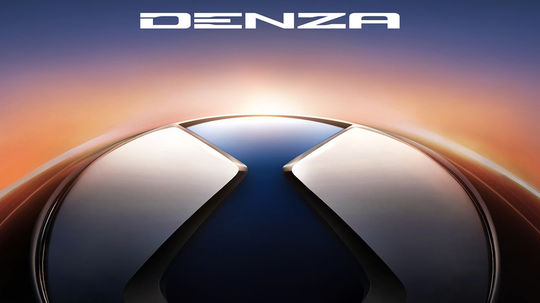 A digital render of the Denza logo and brand name with sunset colors in the background.