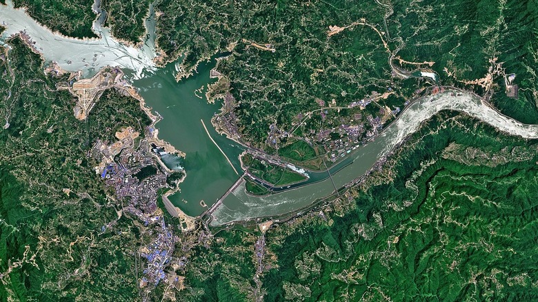 Aerial satellite view of Three Gorges Dam on the Yangtze River in China.