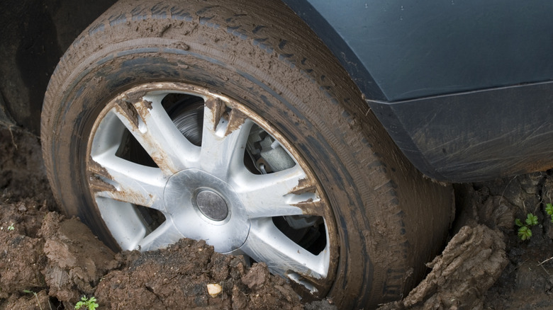 A closeup of a vehicle wheel that appears stuck in mud