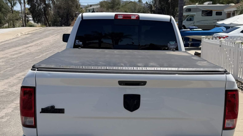 Soft tonneau cover in bed of Ram pickup truck