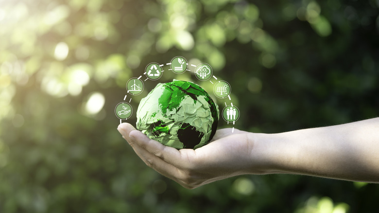 A human hand holding a digitally rendered green Earth with sustainability icons over it.