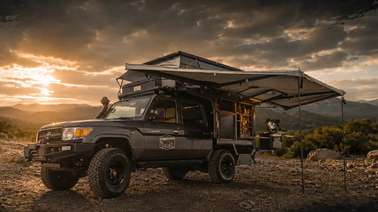 Front 3/4 view of Bushwakka Land Cruiser Double Cab 4-sleeper Kamelback camper conversion