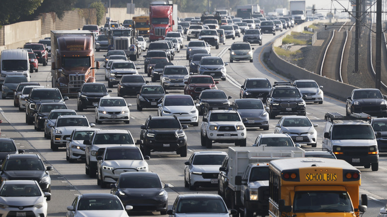 Motorists drive on Interstate 210 during the morning commute