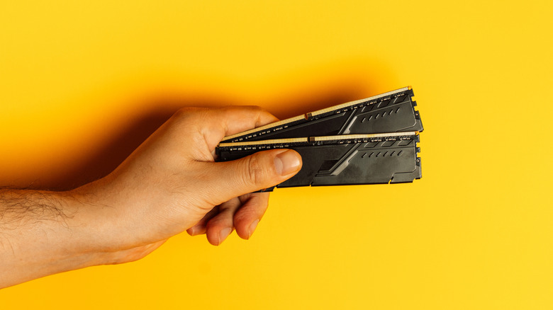 Person holding RAM modules in an yellow background.