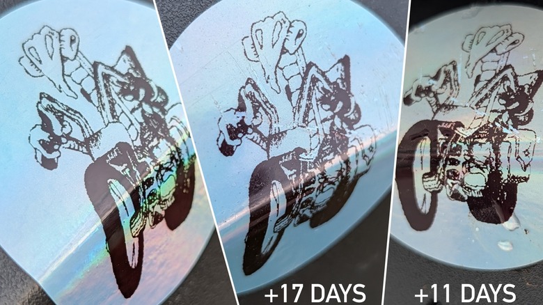 Three photos of a sticker shown weathered over time.