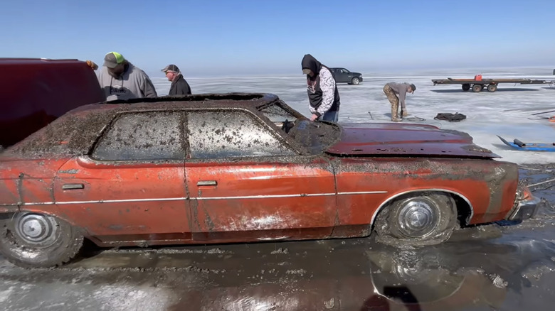 A corroded 1973 Ford Galaxie 500 after being pulled out of lake