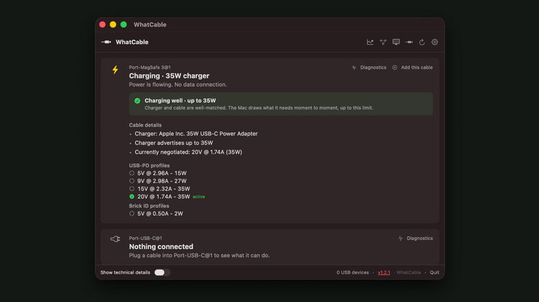 WhatCable displaying cable information on a Mac