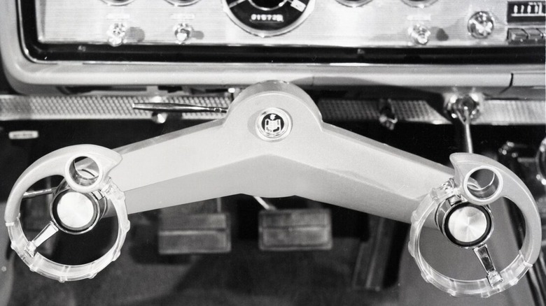 Black and white photo of Ford Mercury Wrist-Twist Steering Wheel