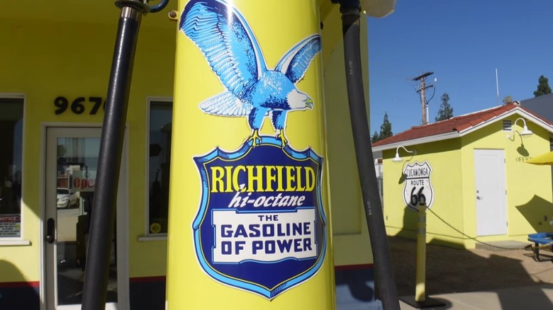 Richfield sign on pole outside Cucamonga Service Station museum.