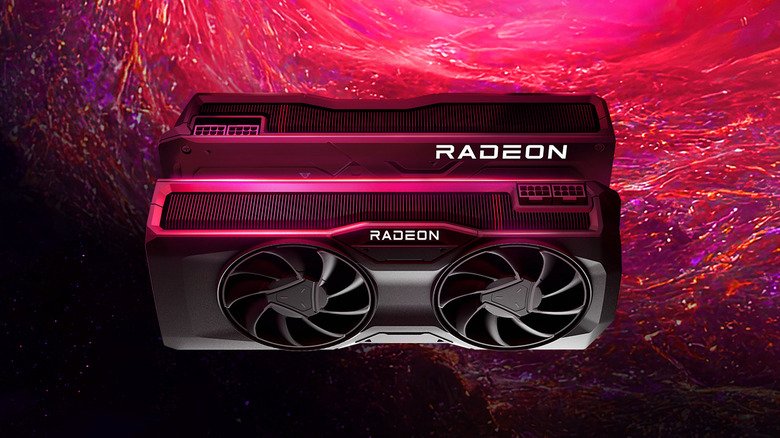A Radeon RX 7700 XT GPU against swirling red background