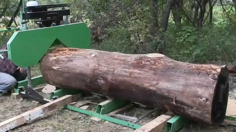 YouTuber Bushradical loading a big log into the Central Machinery sawmill from Harbor Freight.