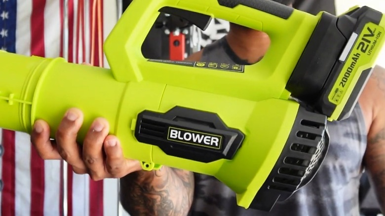 A person holding a LEAPUL leaf blower.