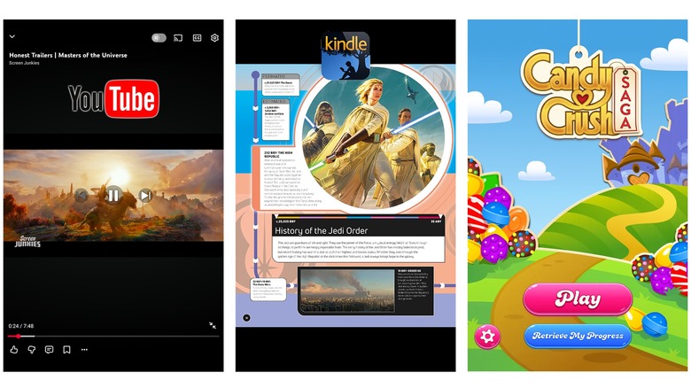 Screenshots from YouTube, Amazon Kindle, and Candy Crush Saga on the Huion Note E