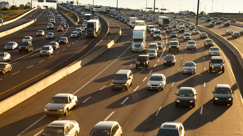 Cars in heavy traffic on the freeway