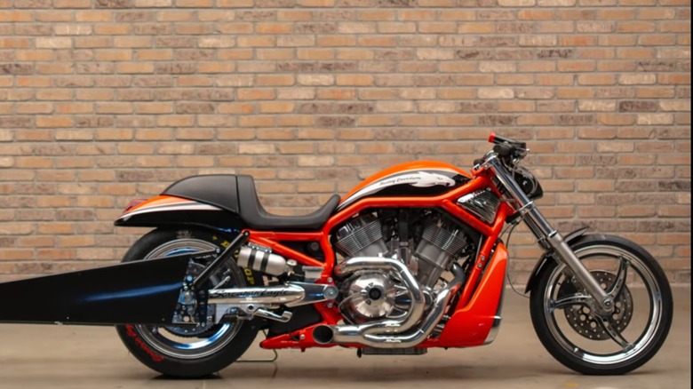 A side profile shot of the 2006 Harley-Davidson VRXSE Screamin' Eagle V-Rod Destroyer in a show room.