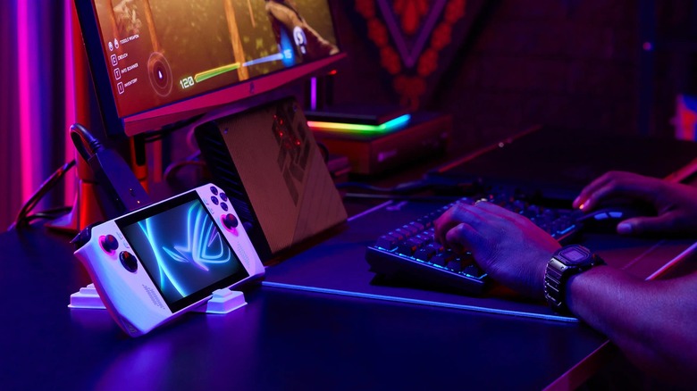 ROG Ally Docked With External GPU, Mouse, Keyboard, And External Monitor Connected