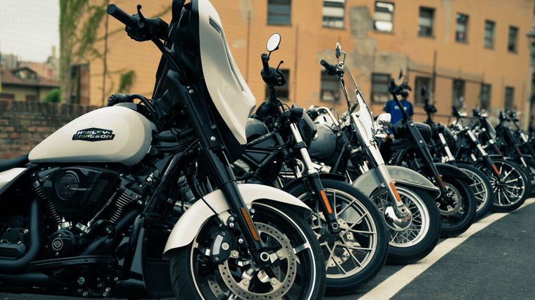 Harley Davidson motorcycles in a line parked on a city street