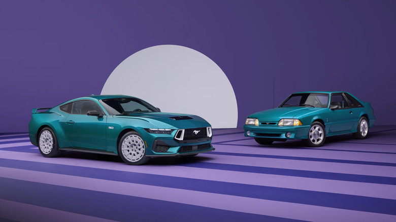 Front-right 3/4 view of 2026 Ford Mustang FX, left, and front-left 3/4 view of 1993 Ford Mustang GT, right, with abstract purple graphic sunset in background