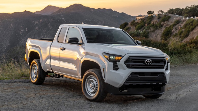 White Toyota Tacoma SR paked on a hilly road