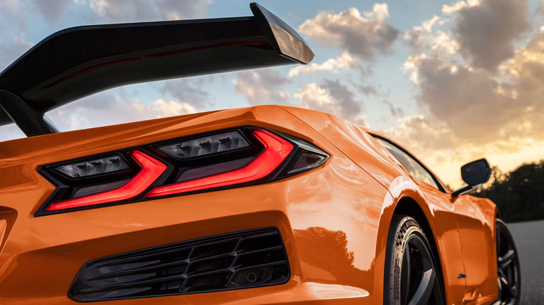 Close-up shot of an orange 2025 Corvette Z06 taillight