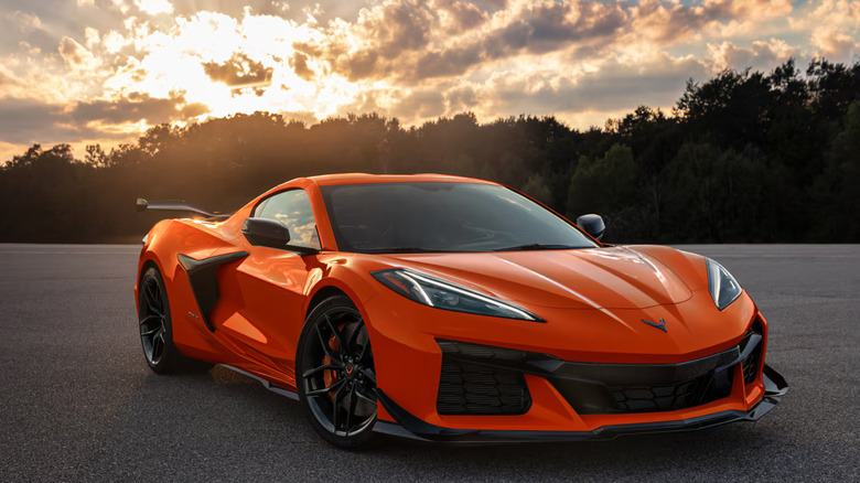 Front quarter view of an orange 2025 Corvette Z06